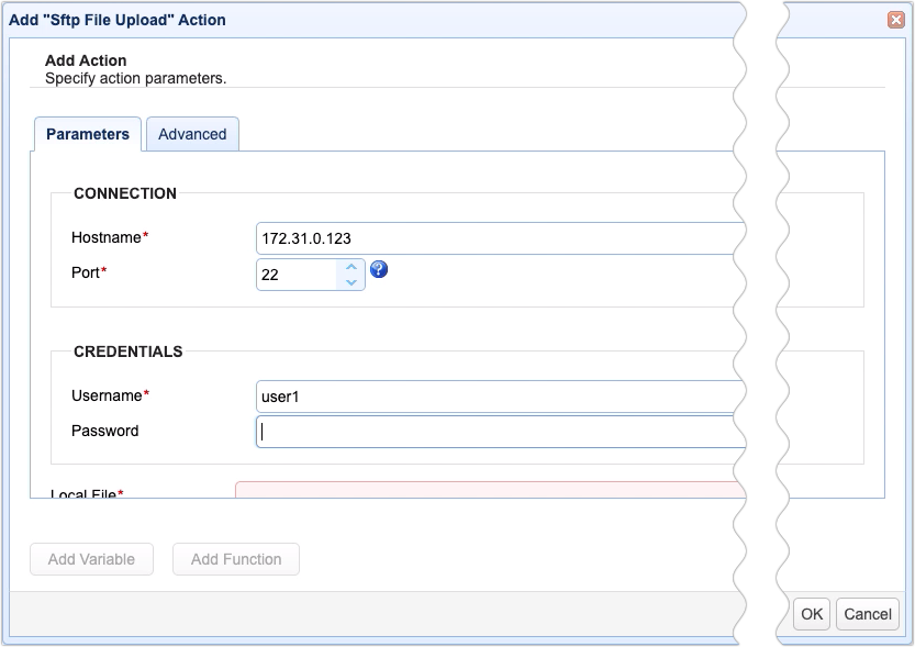 sftp file upload action parameters